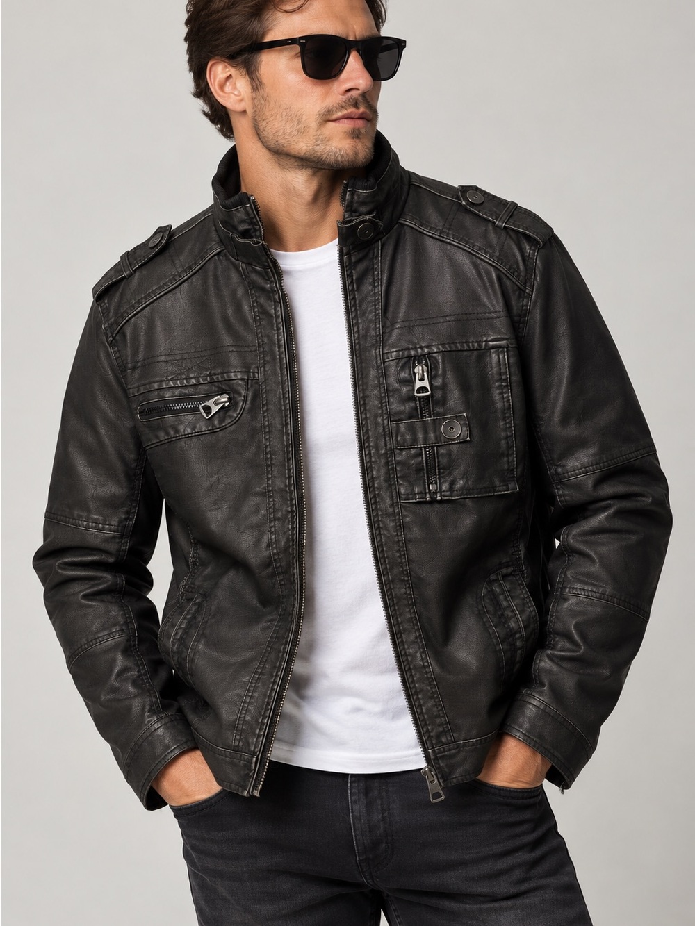 David Outwear Black Faux Leather Moto Jacket Men’s L